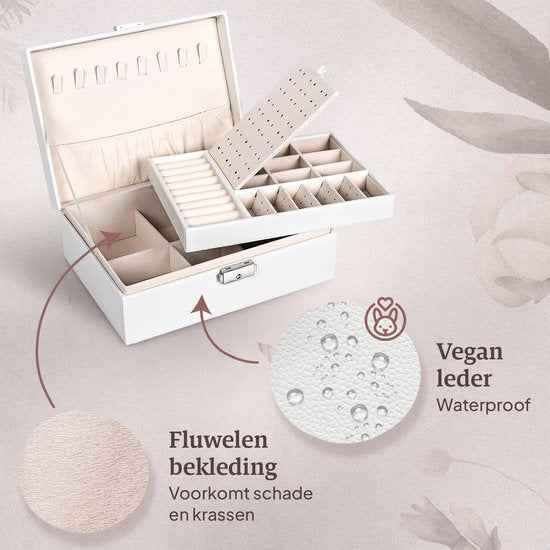Vimora Sieradendoos met extra verdieping - Wit - Juwelendoos - Sieradenkistje - Voor Volwassenen, Meisjes, Heren & Dames - Geschikt Voor Kettingen, Oorbellen, Armbanden & Ringen