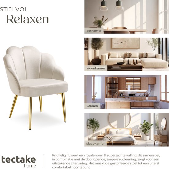tectake® Cocktailstoel - Gestoffeerd met fluwelen bekleding - Zachte vulling - Gewelfde rugleuning - Stalen poten met poedercoating - Crème/Goud