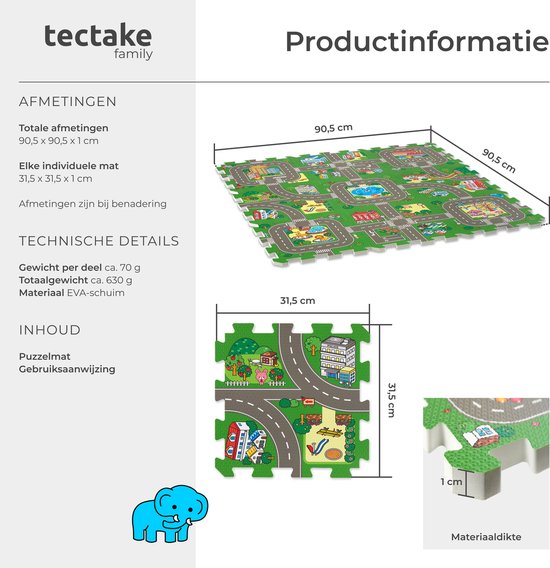 tectake® - Speelkleed - Speelmat foam - Speeltapijt baby - Stad en Wegen - 90 x 90 cm - 9-delige Puzzelmat - Antislip - Geluidsdempend en vochtwerend