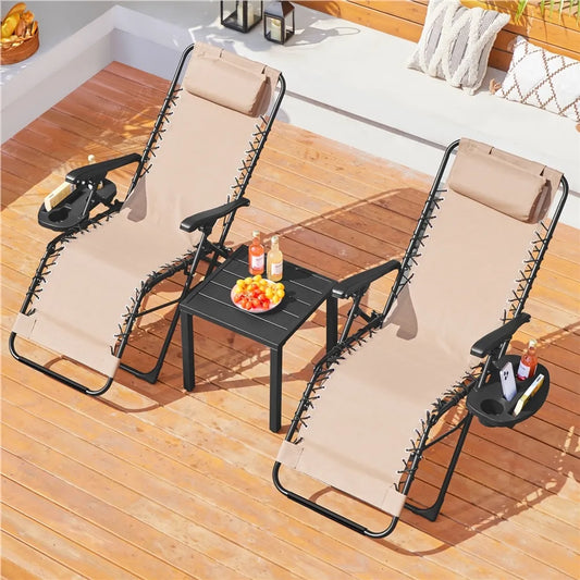 Yaheetech Set van 2 Zero Gravity Ligstoelen - Beige - Opvouwbare Relaxstoelen met Hoofdkussen en Bekerhouder