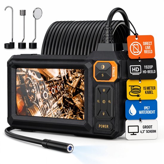 Strex Endoscoop met Scherm 15M - Inspectiecamera - Rioolcamera met HD Beeld - IP67 Waterdicht - Instelbare LED Verlichting