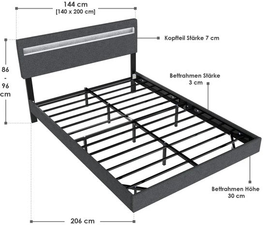 Zwevend bed Lissabon - 140x200cm - Kunstleer - Incl. LED - Donkergrijs