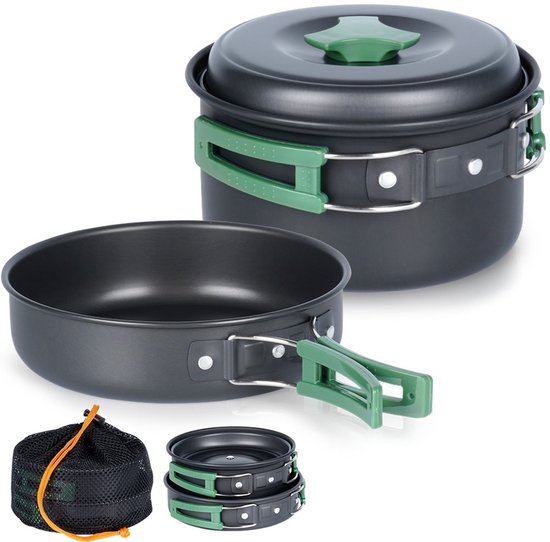 Redcliffs Outdoor Camping pannenset - 2x - aluminium/RVS - zwart/groen - kamperen