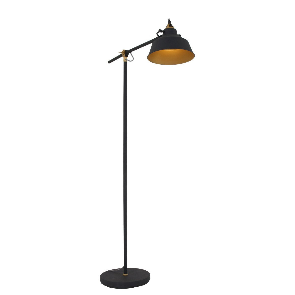 Zwarte Vloerlamp Nove 1322ZW - Draaibare & Kantelbare Industriële Lamp met Goudkleurige Details, E27 Fitting, Metaal & Kunststof - Mexlite