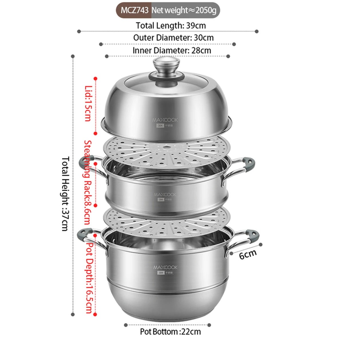 Maxcook 3-laagse stoompan 28 cm - RVS 304 - inductie en gas