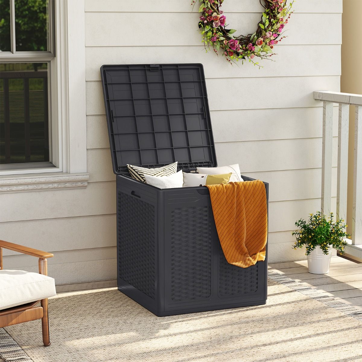 Coast Opbergbox met deksel - rattanlook - multifunctioneel - bruin/zwart - 145 liter