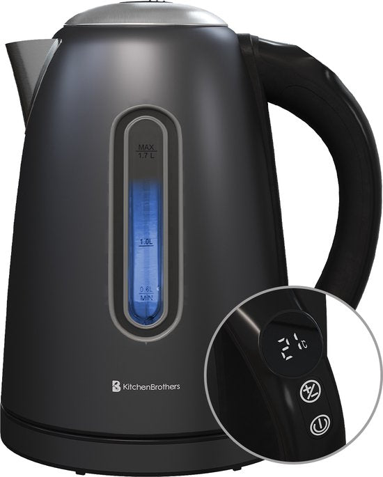 KitchenBrothers Waterkoker - Met Temperatuurregeling - Elektrisch - PFAS- & BPA-vrij - Met Kalkfilter - 1,7L - Zwart/RVS