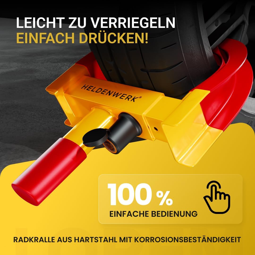 HELDENWERK – Parkklauw Wielklem met Veiligheidsslot – 48x25x7 cm – Voor 18-30 cm Bandbreedte met 3 Sleutels – Diefstalbeveiliging voor Camper & Auto – Geel & Rood Staal