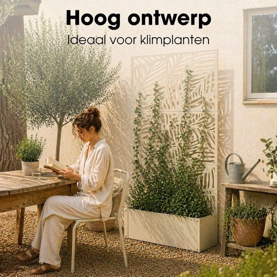 Mica Decorations Sapri Plantensteun - Plantenbak met Klimrek voor Klimplanten - Plantenstandaard Vrijstaand of tegen Muur - 92 x 33 x 174 cm - Off White