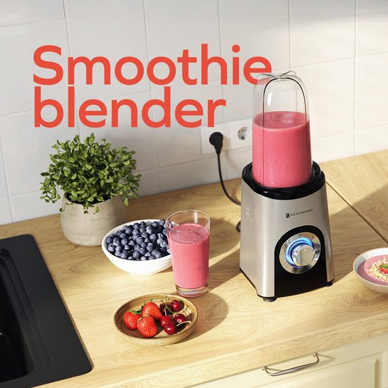 KitchenBrothers Smoothie Blender - 2-in-1 - Blender om mee te nemen - 4 Bekers - Smoothie Maker om mee te nemen - Mini Blender - Zilver