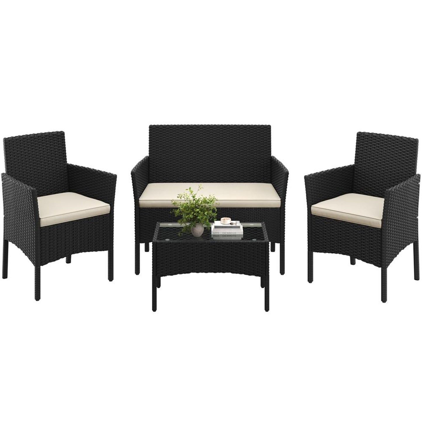Yaheetech 4-delige Loungeset Rattan - Tafel, 2 Stoelen & 2-Zits Bank - Weerbestendige Kussens - Zwart & Beige - 106x58x80 cm