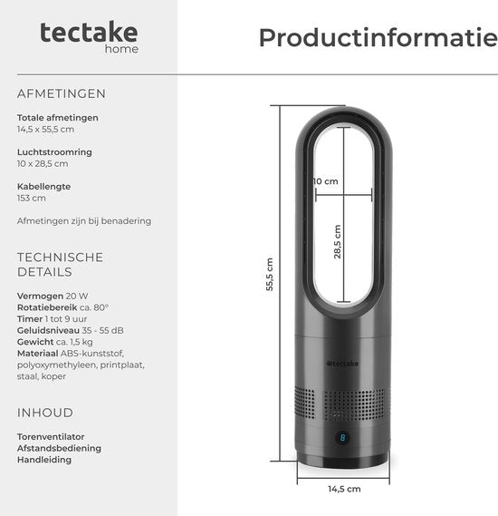 tectake® Torenventilator Polar - Kolomventilator inclusief Afstandsbediening - 8 Snelheidsstanden en Timer - 80° Draaifunctie - Stille Ventilator (35-55dB) - Staand met LED Bedieningspaneel - 55,5 cm Hoog - Luchtkoeler - Antraciet