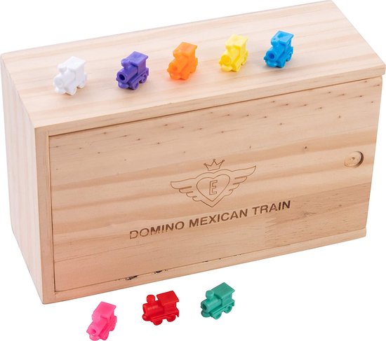 Domino Dubbel 12 Mexican Train – 91 Stenen met Gekleurde Ogen – Houten Kist met Schuifdeksel – Inclusief Station & Treinen – Strategisch Familiespel – Engelhart