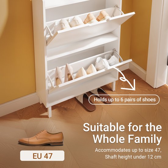 SoBuy Schoenenkast, extra plat 19 cm - opslag tot maat 47 - met haken en open rek voor kleine woning, hal, entree - wit, 60 x 19 x 119 cm, FSR221-W