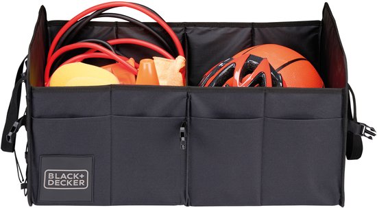 BLACK+DECKER Kofferbak Opbergbox - 59 x 36 x 30 CM - 2 Vakken - Extra Zijvakken - Met Handvatten - Zwart