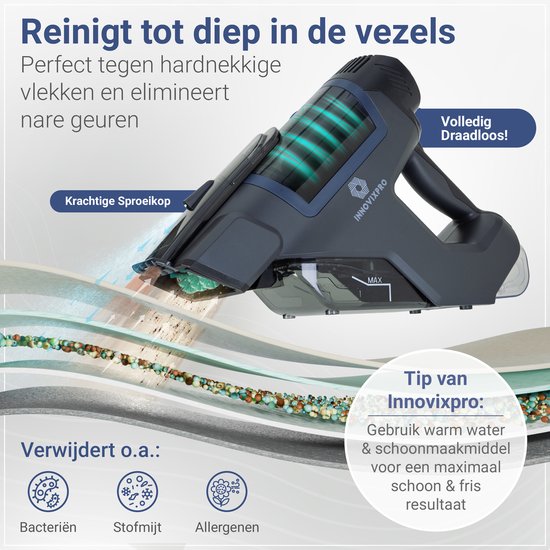 Innovixpro® Tapijtreiniger – Vlekkenreiniger – Krachtige – Bank reiniger – Reinigingsmachine – Sproeifunctie – 2 Opzetstukken – 45 Minuten Accuduur – Draadloze Vlekkenreinger ! – Zwart