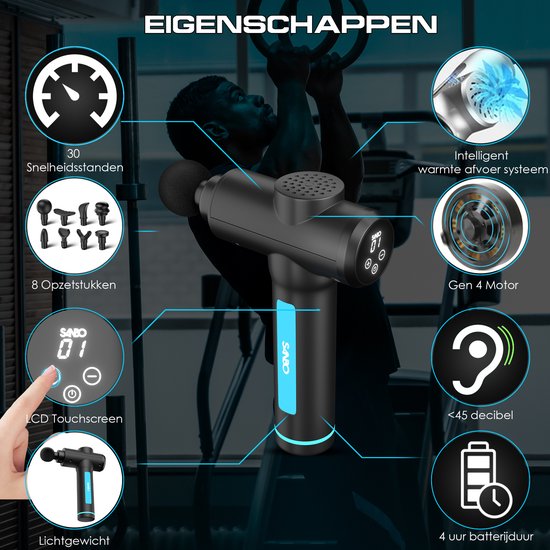 Sanbo-Massage Gun met 30 Standen – 8 Opzetstukken – Spierherstel & Ontspanning – Professioneel Massageapparaat