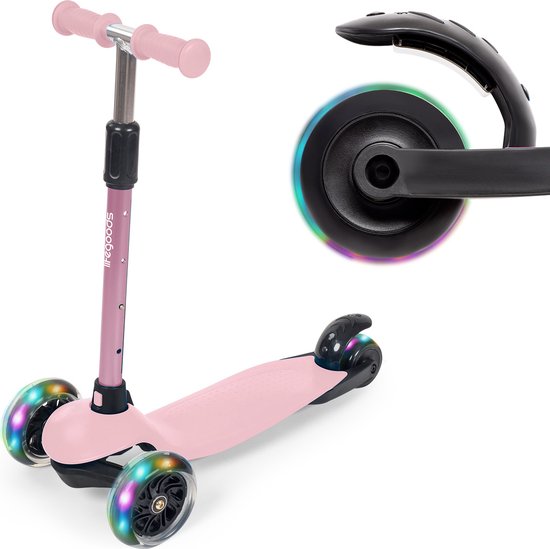 LifeGoods – Kinderstep Met 3 LED-Wielen – Geschikt Voor 2-5 Jaar & Hoogte Verstelbaar – Voorzien Van Lichtgevende Led Wielen En Voetrem – Voor Jongens En Meisjes – Pastel Roze Aluminium