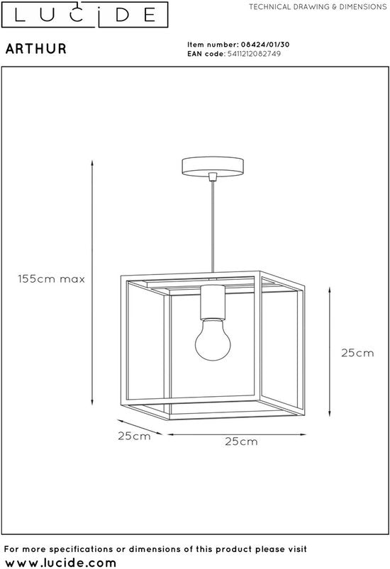 Lucide ARTHUR - Hanglamp - 1xE27 - Zwart