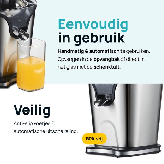 MOA Citruspers Elektrisch - Sinaasappelpers - Citroenpers met 2 Perskegels - BPA-Vrij - Handmatig - RVS - Zilver