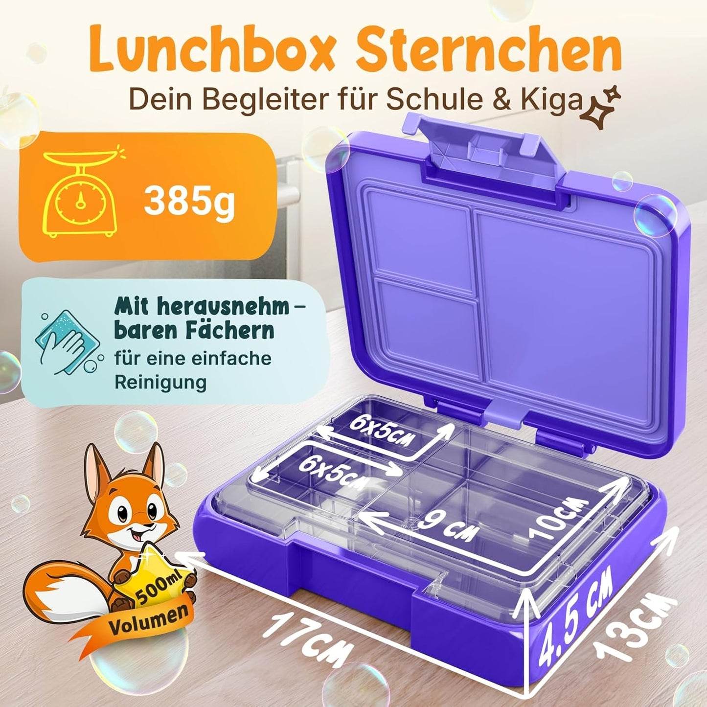 Funkelfuchs® - Lunchbox kinderen met vakjes - 500ml, paars - Lunchbox ster, klein - Snackbox, snackbox, broodtrommel, maaltijdbox, bentobox kinderen - voor school, kleuterschool en kinderdagverblijf