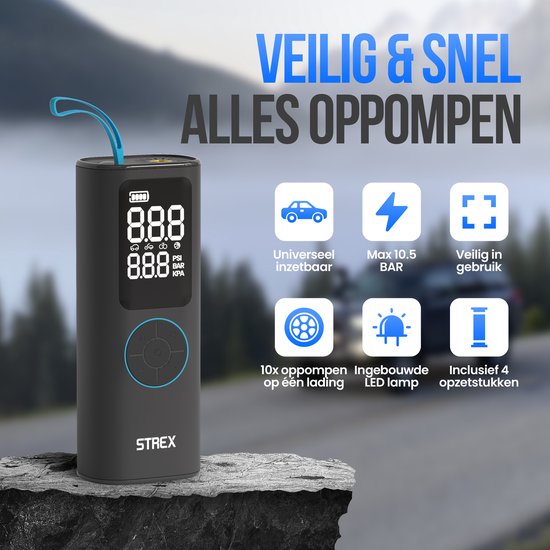 Strex Elektrische Bandenpomp - Draadloze Mini Compressor 3-in-1 - Auto, Fiets, Scooter, Bal & Luchtbed - Tot 10,5 bar / 150 PSI - 30L/min - 8000 mAh Powerbank & Zaklamp