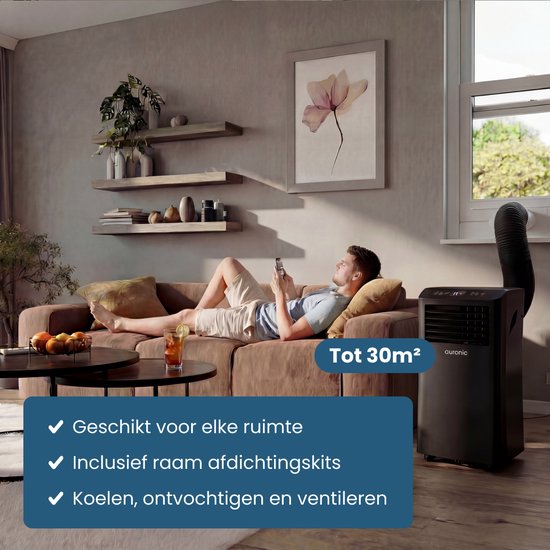 Auronic Mobiele Airco - 10.000 BTU - 4-in-1 - Airconditioning met 2 Raamafdichtingskits - Ventilator - Ontvochtiger - Tot 25m² - Zwart