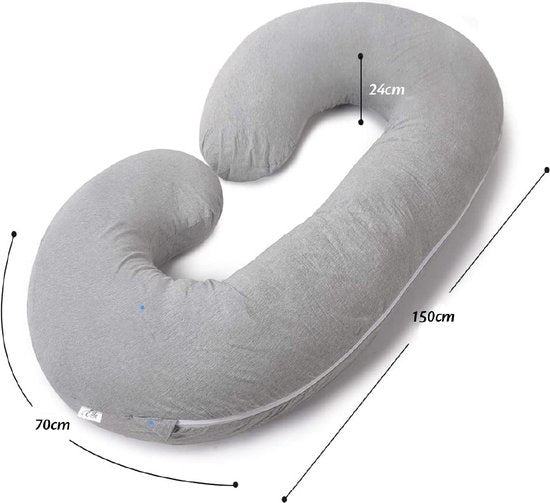 EL-Life Zwangerschapskussen XXL C-vorm - Zijslaapkussen - Lichaamskussen - Voedingskussen - Body Pillow - 150x70cm - Afneembare Jersey Katoenen Hoes, Lichtgrijs