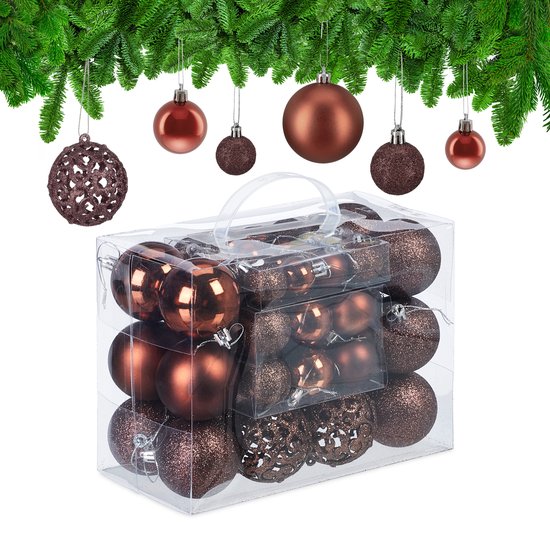 kerstballen - set van 50 - onbreekbaar - plastic - ∅ 3, 4 & 6 cm - bruin