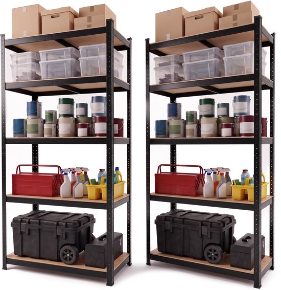 Infinity Goods Stellingkast Zwart - Set van 2 - 180x90x40 cm - Metalen Opbergrek - Voorraadkast - Magazijnstelling 5 Planken - Max. 175kg Per Plank, 875kg Totaal