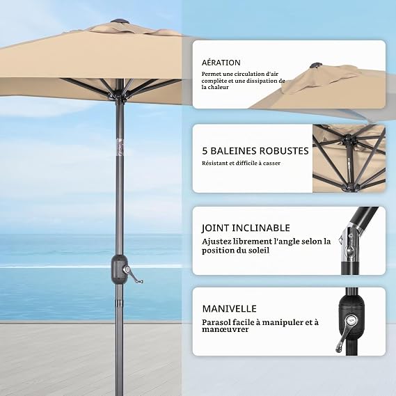 Angel Living Vierkante Tuinparasol 2,5 x 1,3 m – Beige, Terracotta, Crème of Grijs – UV-bescherming UPF 50+