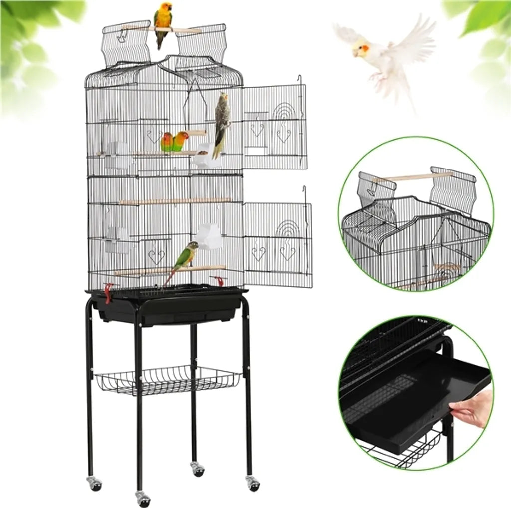 Yaheetech XXL Vogelkooi met Standaard en Speelplaats - Zwart - 46 x 35 x 150,5 cm
