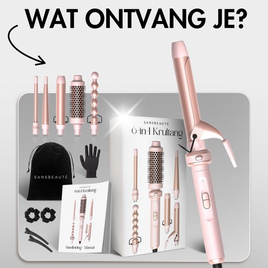 Sansbeauté® 6 in 1 Krultang met Klem - Keramische Haarkruller - 13mm tot 38mm - Föhnborstel Kort Haar - Warmteborstel - Krultangen - Thermal Brush - Haarstyler - Krulborstel 5 in 1