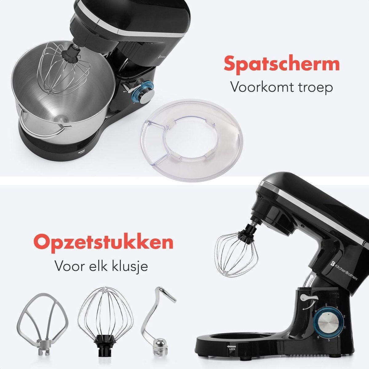 KitchenBrothers Keukenmachine & Keukenmixer – Incl. Mengkom – 1400 W – 38,7 x 23,8 x 31,4 cm – Zwart