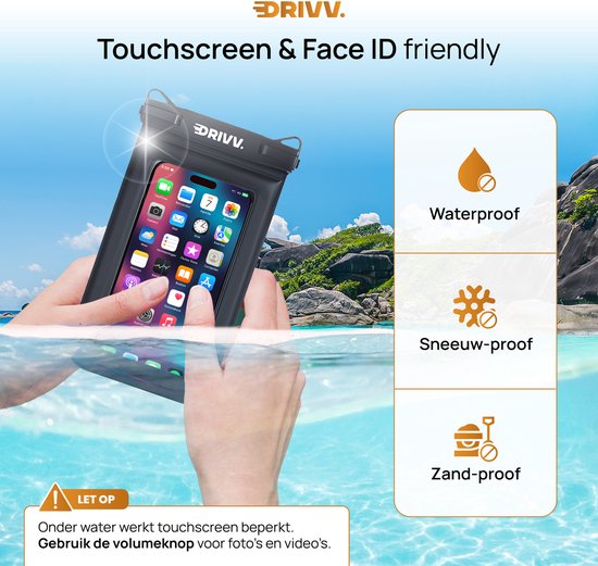 Drivv. Luxe Waterdicht Telefoonhoesje – Drijvend - Dubbele Klipsluiting - Extra Sponge - Telefoons tot 6.8 inch – Onderwater Hoesje Telefoon - Zwart