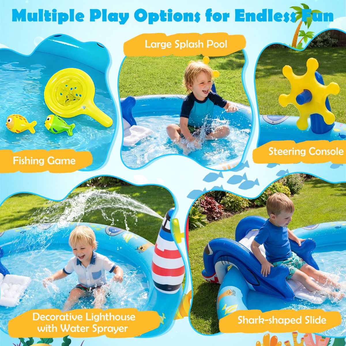Coast Opblaasbaar Kinderzwembad - Waterspeelcentrum met zee-thema - Haai-glijbaan en sproeier - Multikleur 188 x 153 x 63 cm