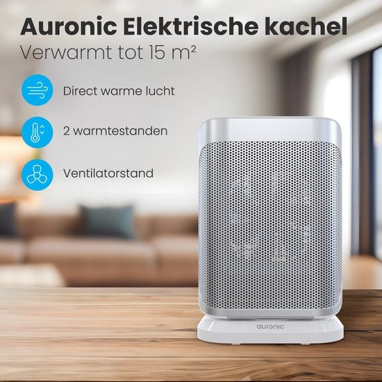 Auronic Elektrische Kachel - Ventilatorkachel - 2 Standen - 1500W Heater - Keramische Kachel met LED Indicatie - Roterend - Wit