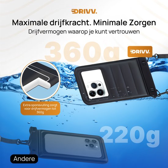 Drivv. Luxe Waterdicht Telefoonhoesje – Drijvend - Dubbele Klipsluiting - Extra Sponge - Telefoons tot 6.8 inch – Onderwater Hoesje Telefoon - Zwart