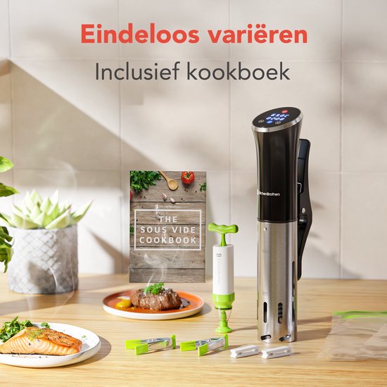 KitchenBrothers Sous Vide Stick – Incl. Accessoires – 1200 W – 11 x 7,5 x 34,7 cm – Zwart/RVS