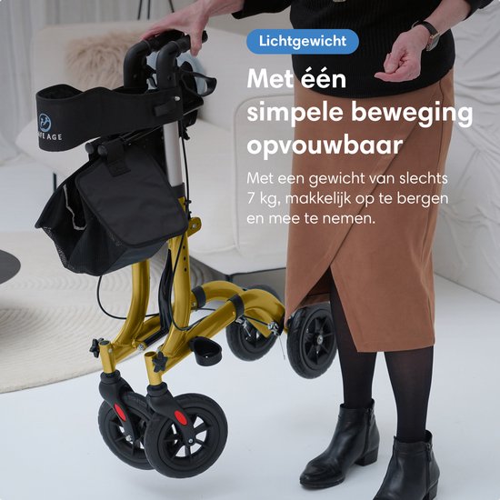 Safe Life® Rollator lichtgewicht en opvouwbaar - zitfunctie - voor binnen en buiten - Rugleuning en wandelstok houder - Goud