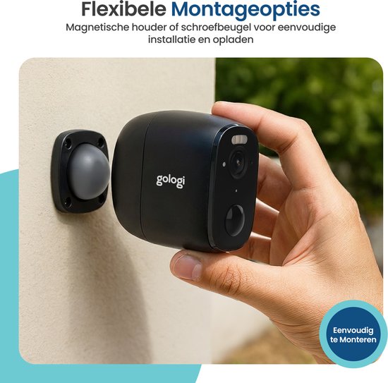 Gologi Draadloze Beveiligingscamera voor Buiten en Binnen - Bewakingscamera met Accu 5200 mAh - USB-C Oplaadbaar - Nightvision - Bewegingsdetectie - Magnetische Montage - 5MP HD Camera WiFi met App - Security Camera - Zwart