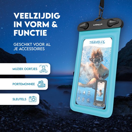 Travelly ® Waterdicht Telefoonhoesje Set van 2 – Universeel Onderwater Hoesje voor Smartphone – Geschikt voor alle telefoons – Drybag – Voor Vakantie, Zwemmen & Watersport – Zwart/Blauw