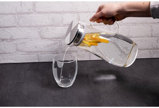 alpina Glazen Waterkan 1.4L - Schenkkan met RVS Deksel en Filter - Karaf van Borosilicaatglas - Transparante Kan voor Koude en Warme Dranken
