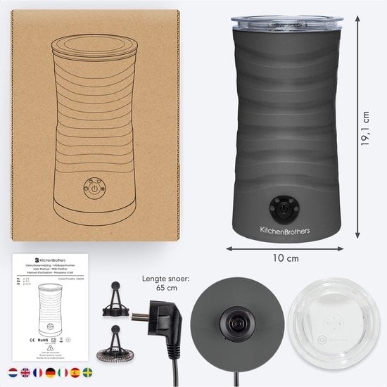 KitchenBrothers Elektrische Melkopschuimer - 4-in-1 - 240 ML - Handige Melkschuimer - Antraciet