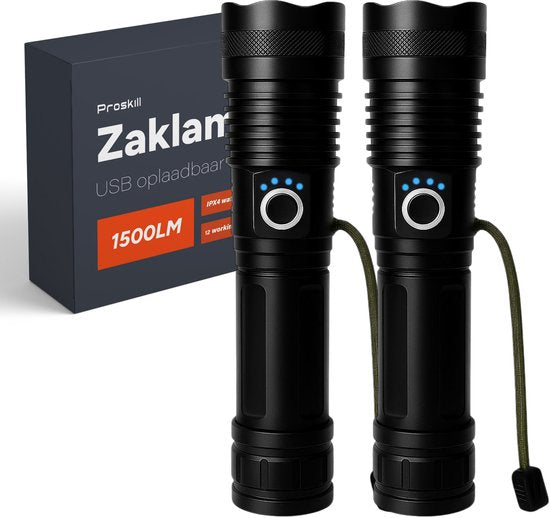 Zaklamp LED oplaadbaar - 2 stuks - incl batterijen - Voor kinderen en volwassenen - Waterdicht - Mini Militaire zaklampen - 1500 Lumen - Proskill
