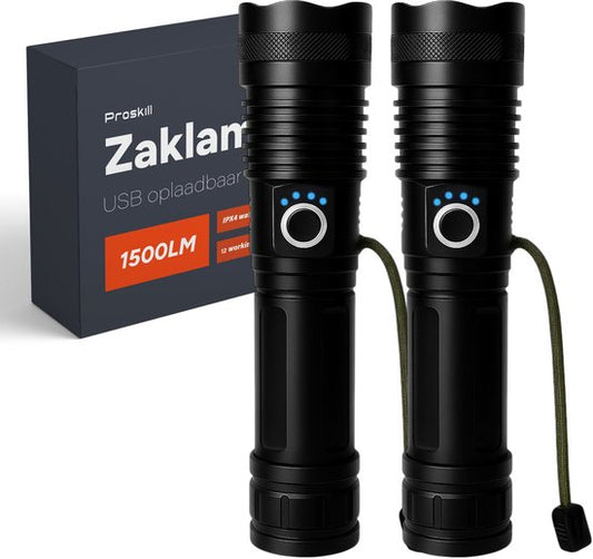 Zaklamp LED oplaadbaar - 2 stuks - incl batterijen - Voor kinderen en volwassenen - Waterdicht - Mini Militaire zaklampen - 1500 Lumen - Proskill