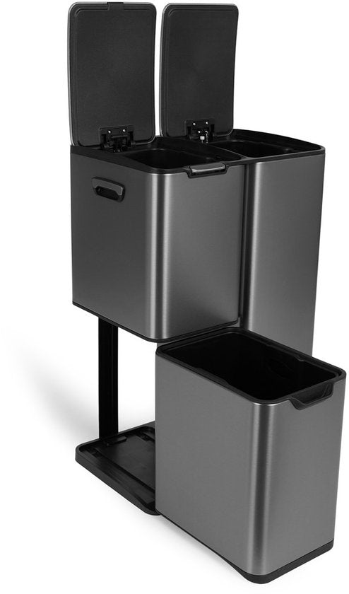 Cleaning prullenbak - 60L - Zacht sluiten - Metaalgrijs - Afval Scheiden 3 bakken - 47 x 39 x 72