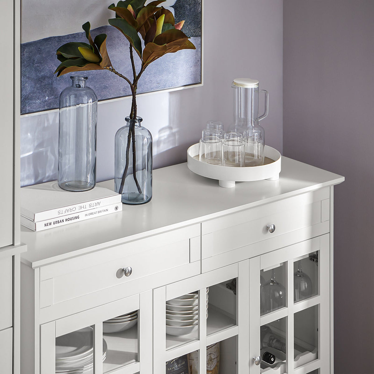 SoBuy Buffetkast met Glazen Deuren en Laden – Wit – 119×40×90 cm