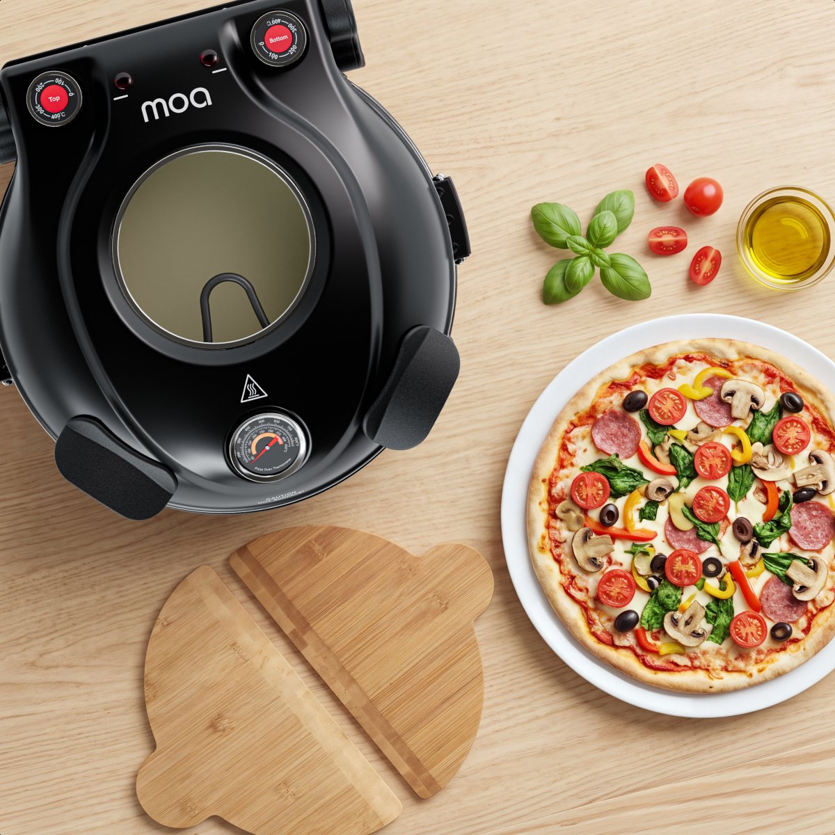 MOA Elektrische Pizzaoven - Tot 400°C - 30,5 cm Pizzasteen - Regelbare Boven- en Onderwarmte - Inclusief 2 Bamboescheppen - Zwart