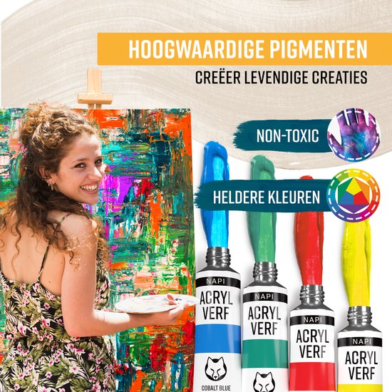 NAPI Acrylverf 24 Kleuren + 3 Penselen - Klaar voor Gebruik - Inclusief Kleurencirkel - Hobbyverf Set - Schilderen Acryl Verf - 24 Tubes